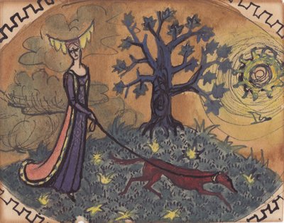 Middeleeuwse dame en hond, ca. 1950 door Shirley Markham