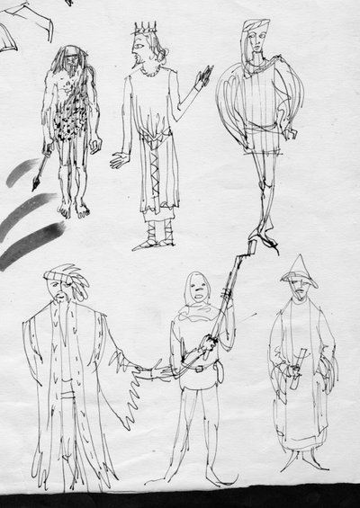 Pagina met schetsen, mensen in kostuum, ca. 1950 door Shirley Markham
