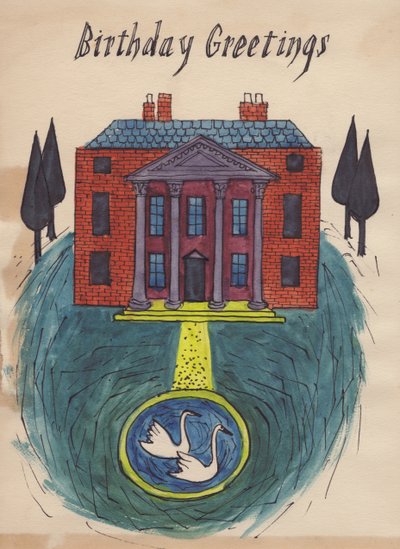 Statig huis, verjaardagskaart, 1952 door Shirley Markham