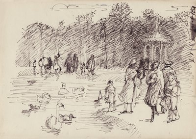 Zwanen op de ronde vijver in Kensington Gardens, Londen, ca. 1950 door Shirley Markham