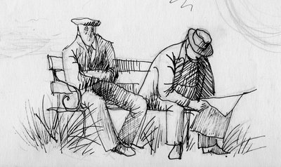 Twee mannen op een bank door Shirley Markham