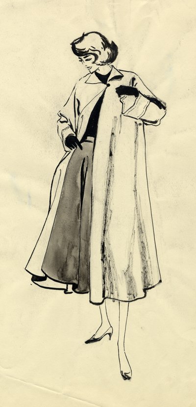 Vrouw in jas en volle rok, ca. 1950 door Shirley Markham