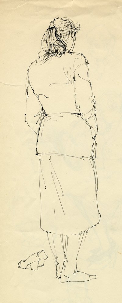 Vrouw op kousenvoeten van achteren, 1953 door Shirley Markham
