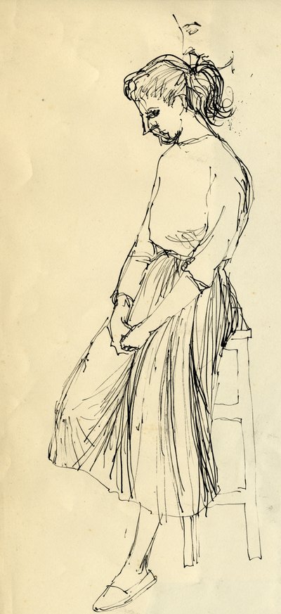 Vrouw zittend op een kruk, ca. 1950 door Shirley Markham