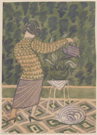 Vrouw die planten water geeft, ca. 1951 door Shirley Markham