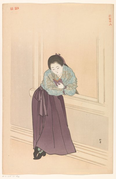 Lezende vrouw voor een venster door Shodo Yukawa