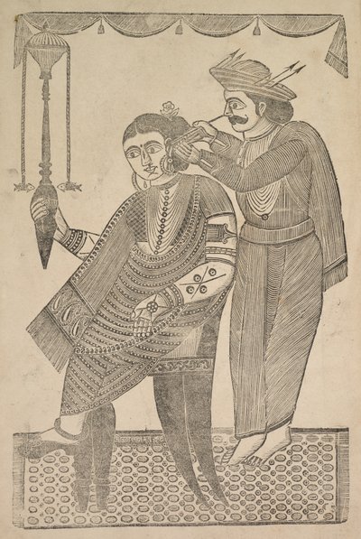 Een barbier reinigt het oor van een courtisane, 1800s door Shri Gobinda Chandra Roy