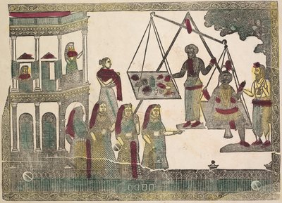 Krishna Gewogen tegen Kostbare Voorwerpen, 1800s door Shri Gobinda Chandra Roy