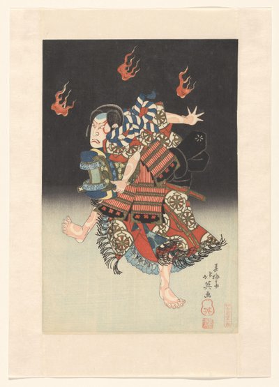 Nakamura Shikan II als de vos (kitsune) Genkurô in het toneelstuk ‘Hanayagura hitome senbon’, Naka Theater door Shunbaisai Hokuei