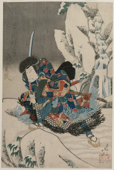 Nakamura Utaemon IV als een krijger in de sneeuw door Shunbaisai Hokuei