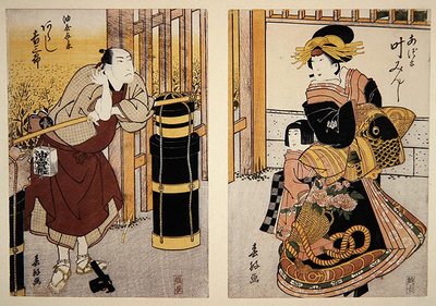 Acteurs Arashi Kichisaburo II en Kano Minshi in een scène uit een Kabuki-stuk, ca. 1813-15 door Shunkosai Hokushu