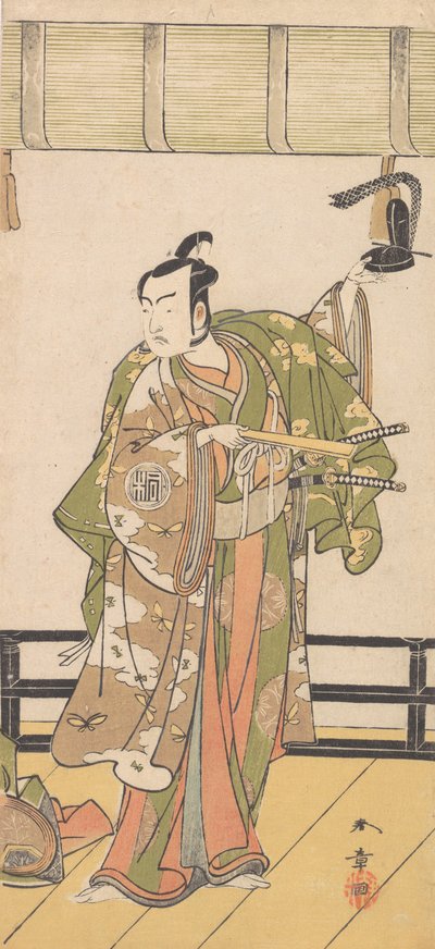 Arashi Sangoro als een samoerai staand op de veranda van een groot huis, 1774 of 1775 door Shunsho