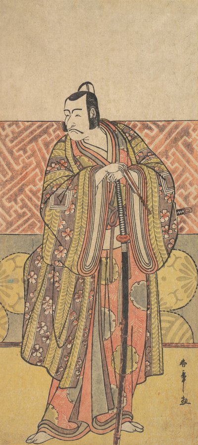 Ichikawa Danjuro V als Kudo Suketsune, rijkelijk gekleed, leunend op zijn zwaard, late 18e eeuw door Shunsho