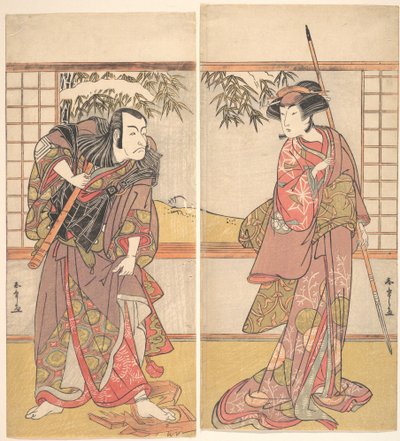 Kabuki-acteurs Osagawa Tsuneyo II en Ichikawa Danjuro V, ca. 1780s door Shunsho