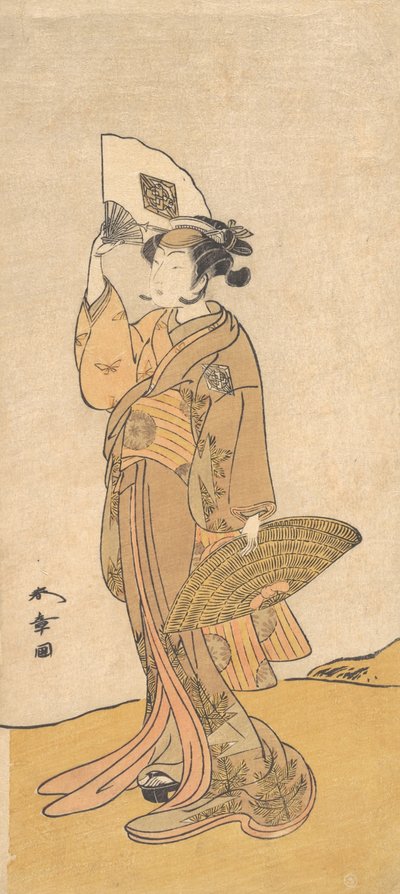 Nakamura Matsue II als een vrouw die op een heuvel staat door Shunsho