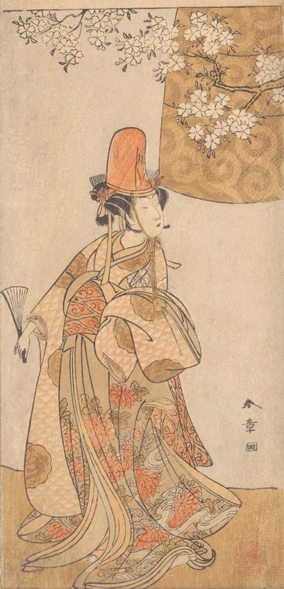 Segawa Tomisaburo in de rol van Musume Dojoji in Hanagatami Kazaori Eboshi, februari 1774 door Shunsho
