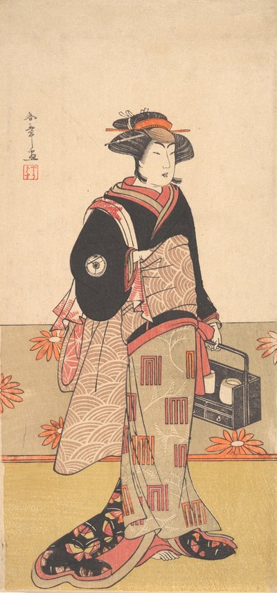 De acteur Iwai Hanshiro IV als een vrouw in een zwarte kimono, ca. 1780 door Shunsho
