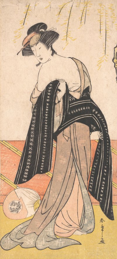 De acteur Nakamura Riko als een Oiran die haar Obi vastmaakt, ca. 1779 door Shunsho