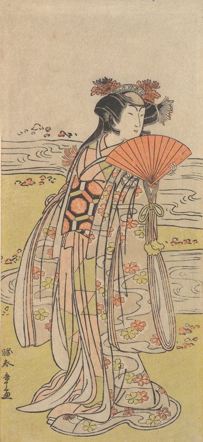 De Acteur Segawa Kikunojo III als een Vrouw bij een Kronkelende Stroom, ca. 1777 door Shunsho