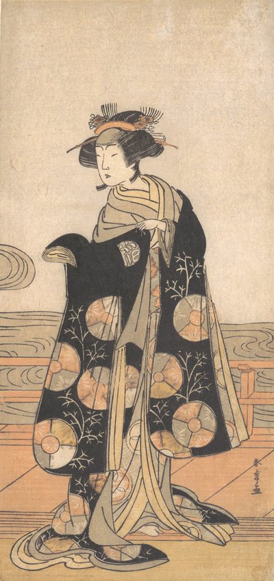 Yoshizawa Iroha als een Vrouw die op de Engawa van een Huis bij een Rivier Staat, ca. 1778 door Shunsho