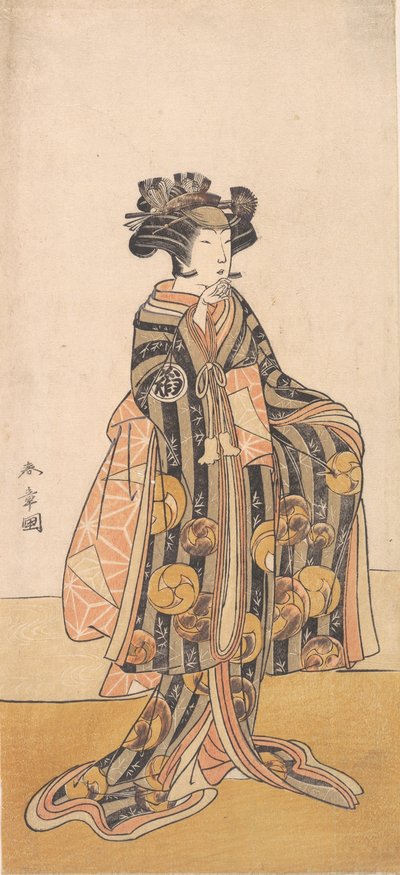 Yoshizawa Iroha als een vrouw Tomoe Gozen staand op de oever, 1774 of 1775 door Shunsho