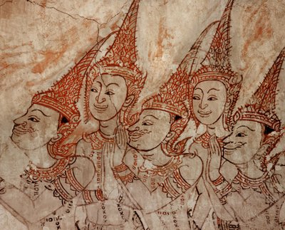 Detail van de muurschilderingen met hemelse godheden uit de late Ayutthaya-periode (verf op steen) door Siamese School
