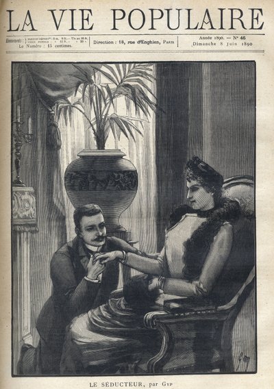 Een man op zijn knieën houdt de hand van een elegante vrouw vast, zittend in een bourgeois salon, met zijn jas, een mouw en een bontsjaal. Illustratie voor Le Seducteur door Gyp (Sibylle Gabrielle Marie Antoinette Riquetti de Mirabeau, Gravin van Martel d door Sibylle Gabrielle de Riquetti de Mirabeau