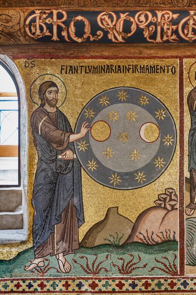 De Palatijnse Kapel (Basiliek), mozaïekcyclus van het Oude Testament, cyclus van de Schepping: "De Schepping van Sterren", XII eeuw door Sicilian School