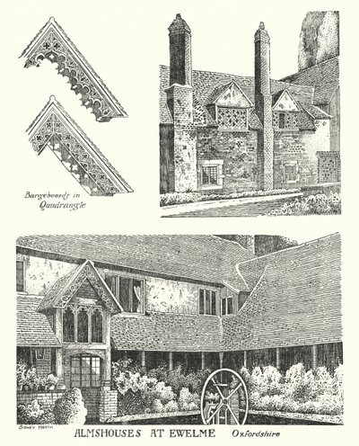 Armenhuizen in Ewelme, Oxfordshire (gravure) door Sidney Heath