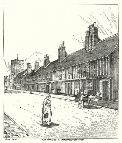 Armenhuizen in Stratford-on-Avon (gravure) door Sidney Heath