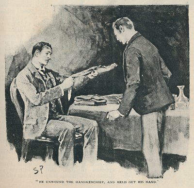 Hij wikkelde de zakdoek af en stak zijn hand uit, 1892 door Sidney Paget
