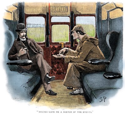 Het avontuur van Silver Blaze, Holmes en Watson in de trein door Sidney Paget