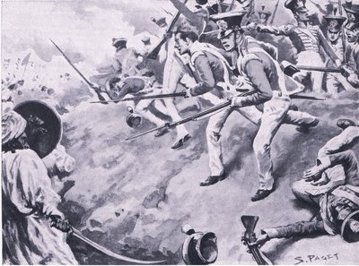 De Slag bij Dubba, 24 maart 1843, illustratie uit Britse gevechten op land en zee, 1915 door Sidney Paget