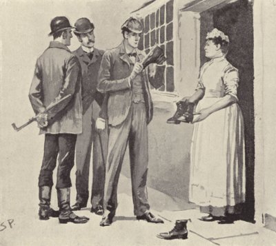 De meid liet ons de laarzen zien: scène uit het Sherlock Holmes-verhaal The Boscombe Valley Mystery, door Arthur Conan Doyle door Sidney Paget