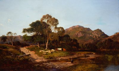 Een melkmeid steekt een doorwaadbare plaats over met schapen en vee op de achtergrond door Sidney Richard Percy