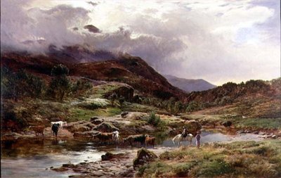 Een bergachtige rivierlandschap met vee op de voorgrond door Sidney Richard Percy
