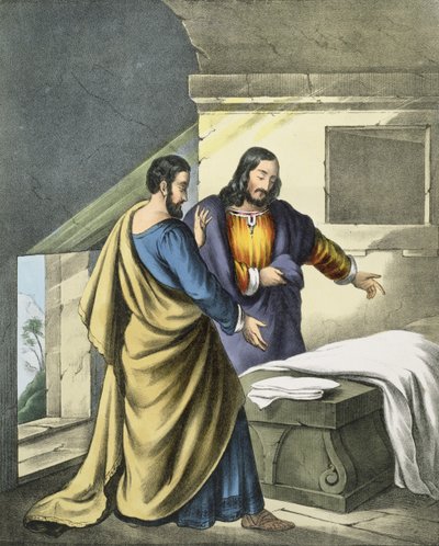 Petrus en Johannes bij het graf, uit een bijbel gedrukt door Edward Gover, 1870