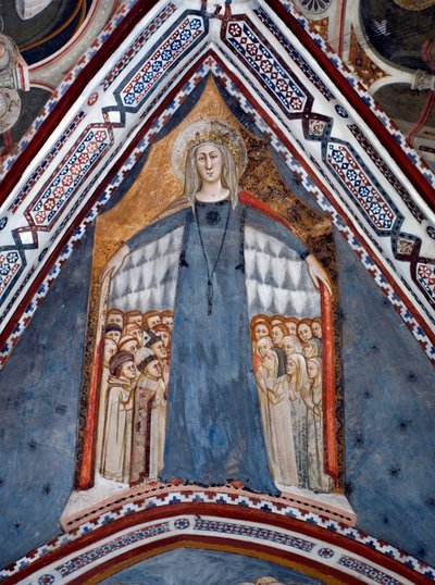 Voorstelling van de Maagd Maria Moeder van de Kerk Fresco van de Kapel van de Maagd gemaakt door de School van Siena van de 14e eeuw - Klooster van St. Benedetto (Sacro Speco), Subiaco (Rome), Italië door Sienese School