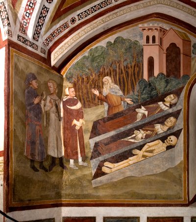 De ontmoeting van de drie levenden en de drie doden (of Dict) De drie levenden en een kluizenaar voor de drie doodskisten met lichamen in verschillende stadia van ontbinding. Detail van een fresco van de School van Siena (14e eeuw) 1363-1366 Klooster van door Sienese School