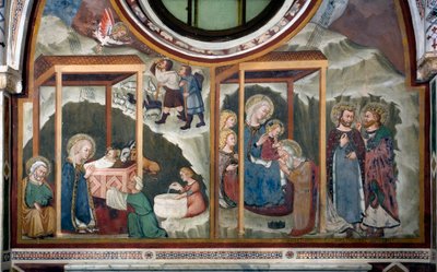 De geboorte en aanbidding van de wijzen Fresco van de School van Siena. 14e eeuw. Kapel van de Maagd. Klooster van Sint Benedetto (Sacro Speco), Subiaco (Rome), Italië door Sienese School