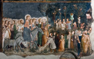 De intocht in Jeruzalem Fresco van de school van Siena. 14e eeuw. Bovenkerk. Klooster van Sint Benedetto door Sienese School