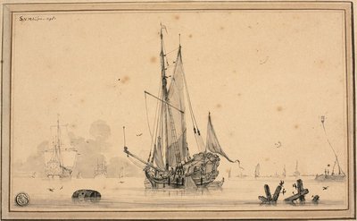 Havengezicht met schepen in rust en palen door Sieuwert van der Meulen