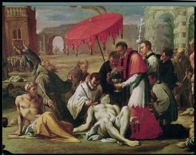 St. Charles Borromeo (1538-84) die het sacrament toedient aan pestslachtoffers in 1576 (detail) door Sigismondo Caula