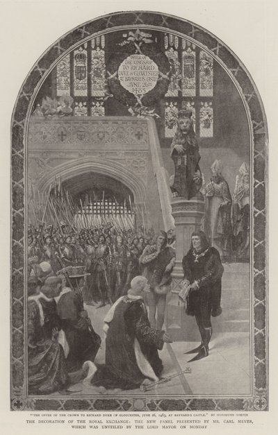 De decoratie van de Royal Exchange, het nieuwe paneel gepresenteerd door de heer Carl Meyer, dat maandag door de burgemeester werd onthuld door Sigismund Christian Hubert Goetze