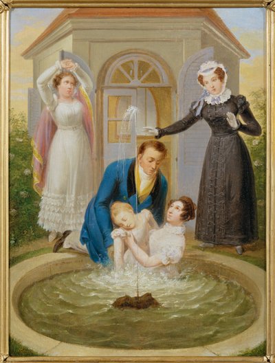 Redding van een kind dat in een tuinvijver is gevallen - Een kind is gered van verdrinking in een tuinvijver ... door Sigmund Ferdinand Ritter von Perger