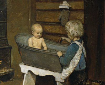 Kinderen spelen in een waskuip door Sigmund Sinding