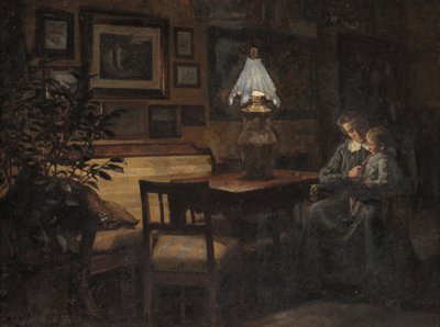 Avondinterieur. Moeder en kind door Sigurd Wandel