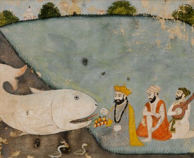 Guru Nanak met Bala, Mardana en de grote vis (Vishnu in Matsyavatara) door Sikh School