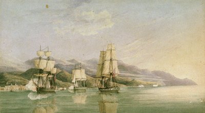 Aanval op konvooi van achttien Franse koopvaardijschepen bij Laigrelia en Alassio, 27 juni 1812 door Silas Thomson (attr.to) Hood