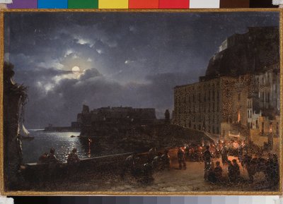 De kade Santa Lucia in Napels, een nacht met volle maan door Silvestr Fedosievich Shchedrin